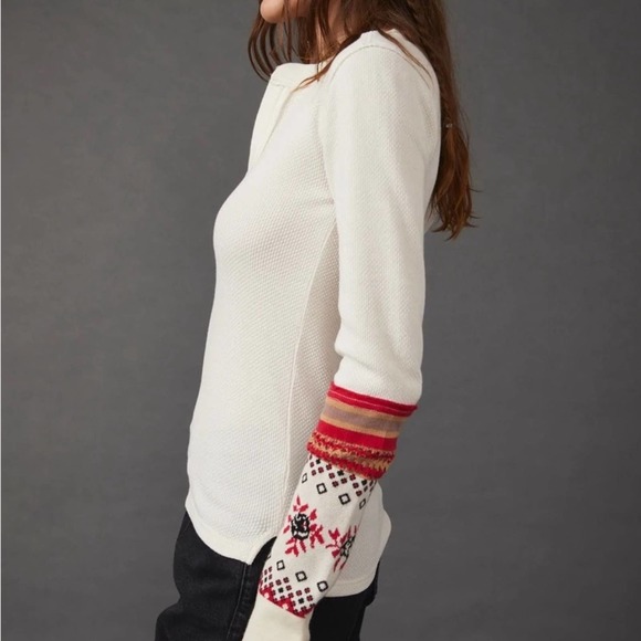 Free People Cream Long Sleeve Top with Red Accents - Picture 2 of 3